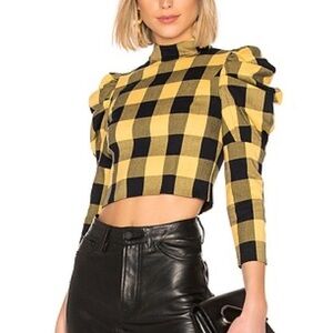 Alice + Olivia Yellow and Black Brenna Puff Sleeve Top